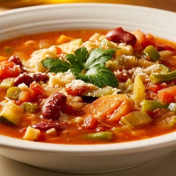 Hearty minestrone soup with vegetables, beans, pasta, and grated cheese, garnished with parsley.
