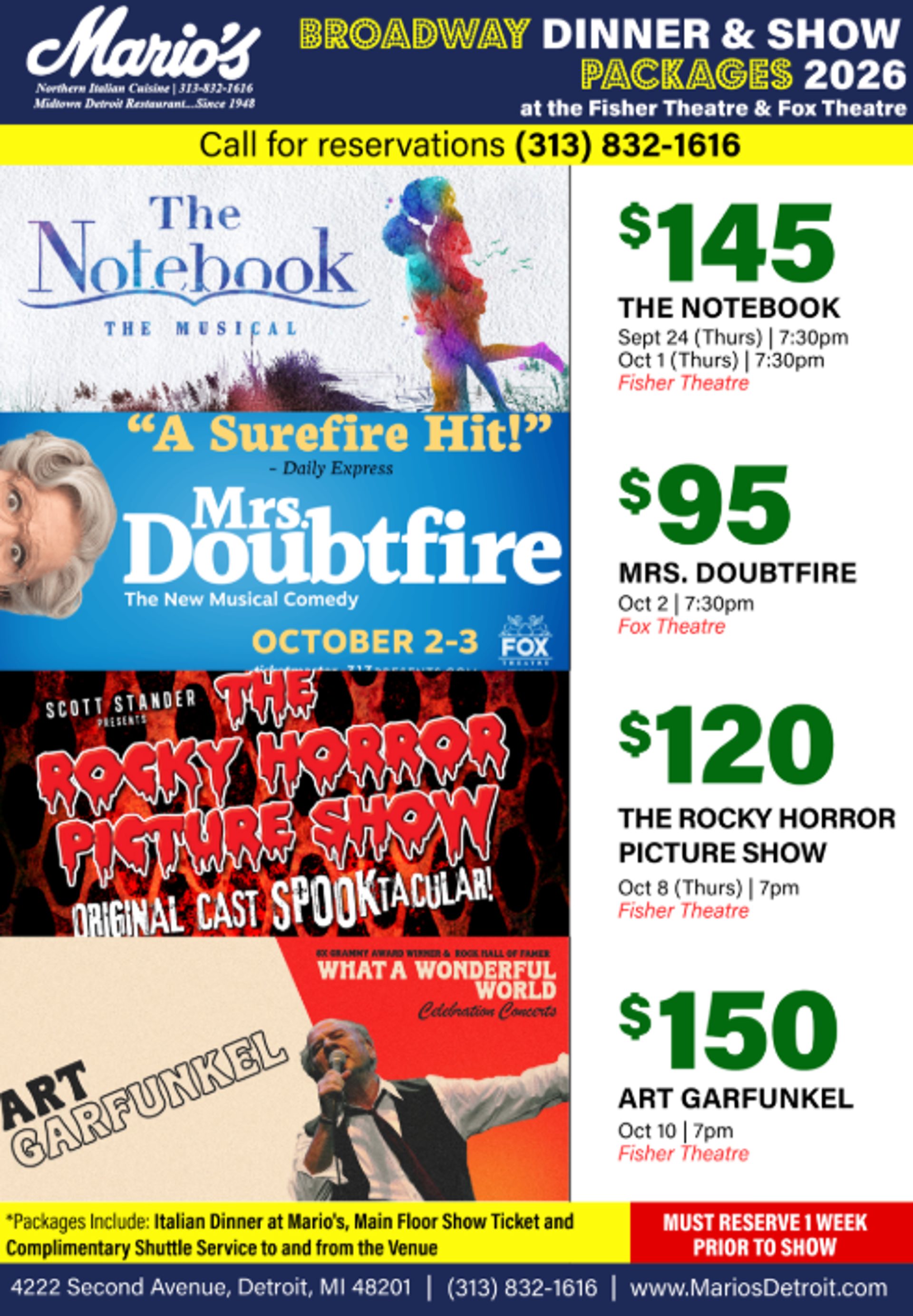 Dinner and show packages 2026