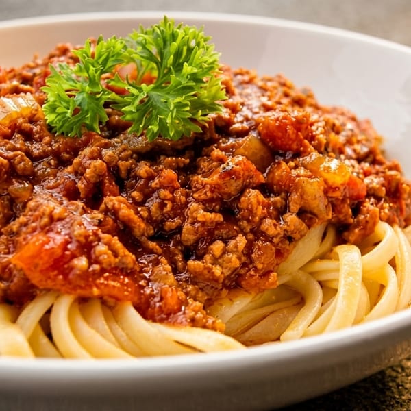 Close-up of spaghetti bolognese in a white bowl, garnished with fresh parsley.