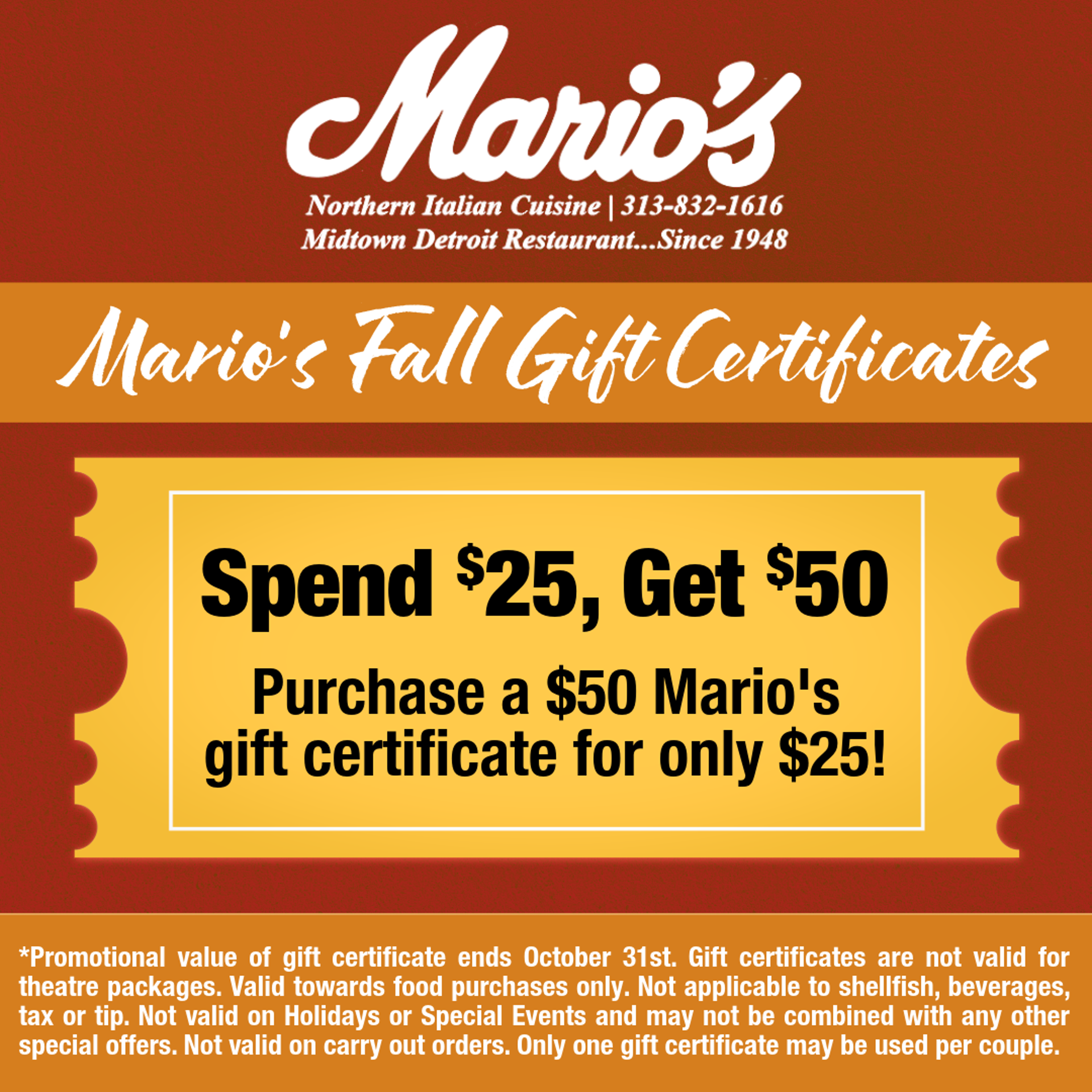 Marios's Fall Gift Certificates!