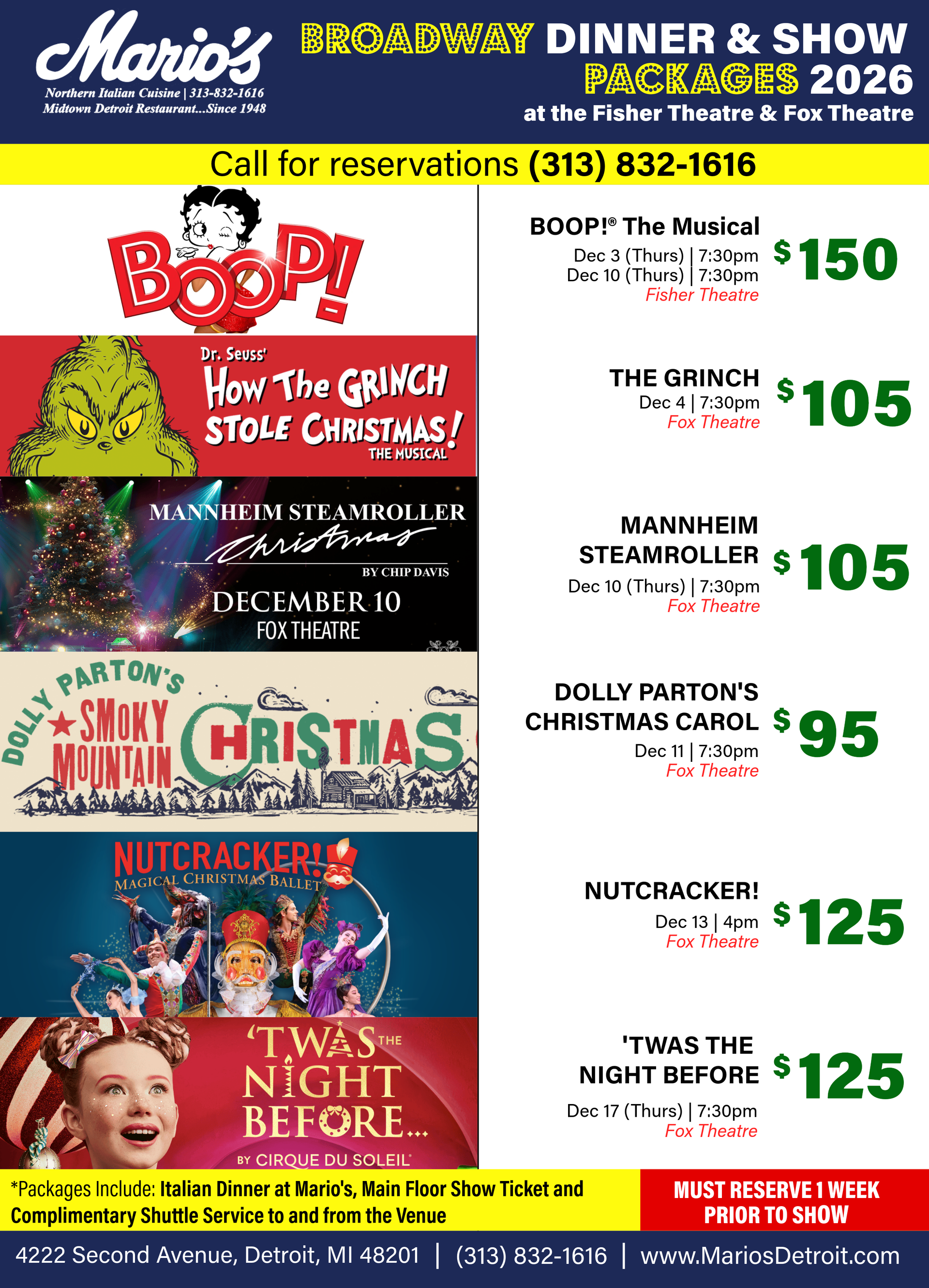 Mario’s Broadway Dinner & Show December Packages 2026